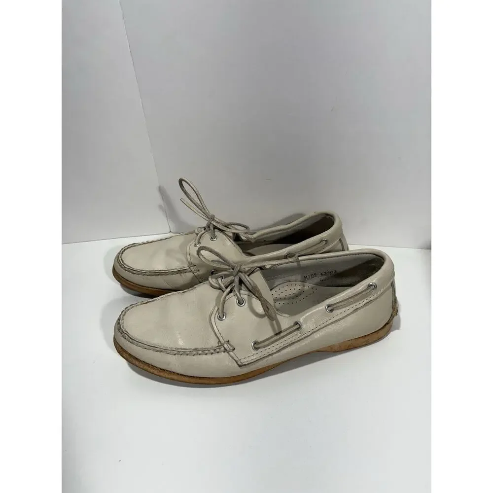 Vintage RHM Dockwear Mens Beige Leather Hand Sewed Shoe Sider‎ Docksider Sz 10.5